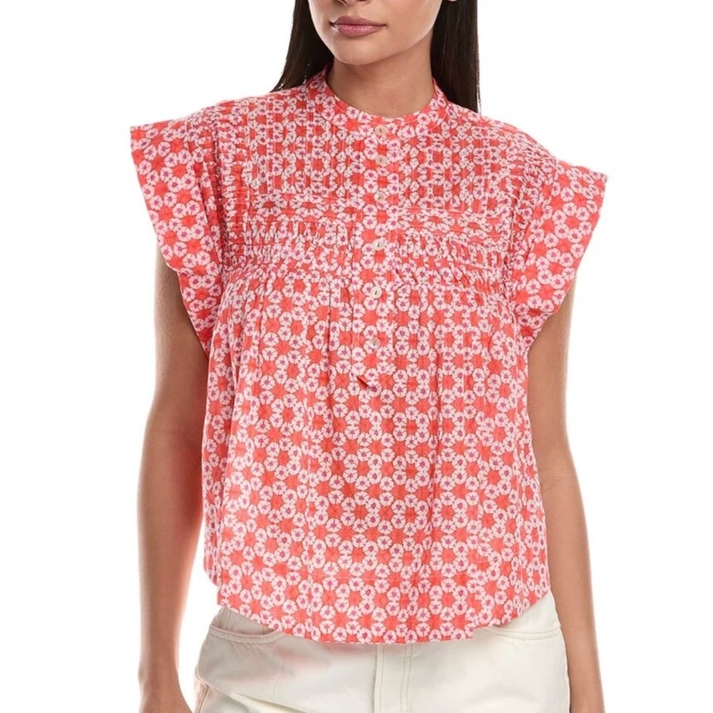 Tuckernuck Ro's Garden Nini Top Small Orange Floral Boho Flutter Sleeve Cotton